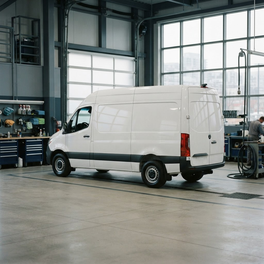 A white commercial delivery van in a clean reconditioning bay with one side freshly restored