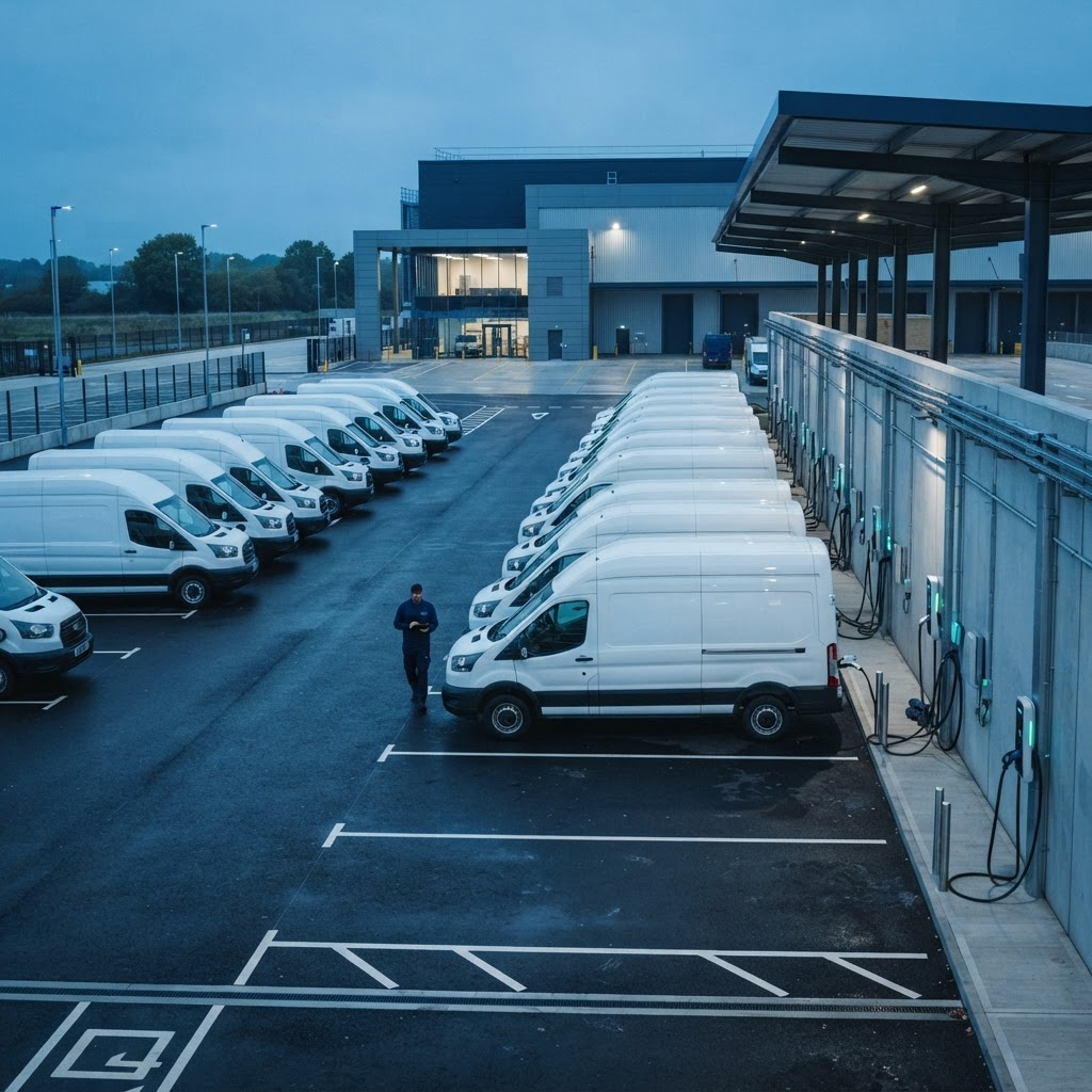 White electric commercial delivery vans parked at a depot with charging equipment