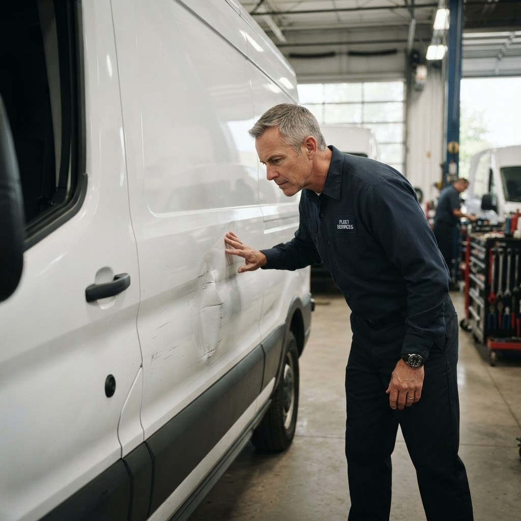 A technician performing precision reconditioning work on the body panel of a white commercial delivery van