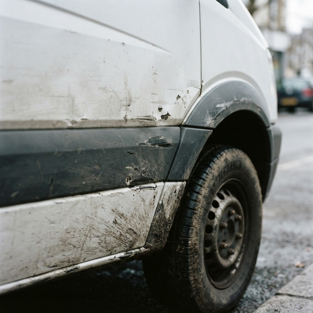 Close-up of the lower body panel of a well-used white commercial delivery van showing wear