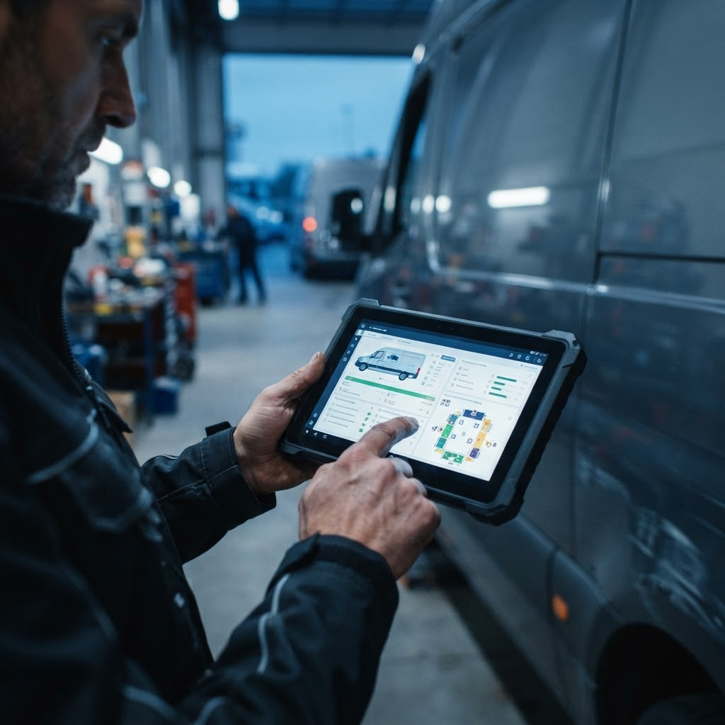 Technician performing a technology-assisted vehicle inspection