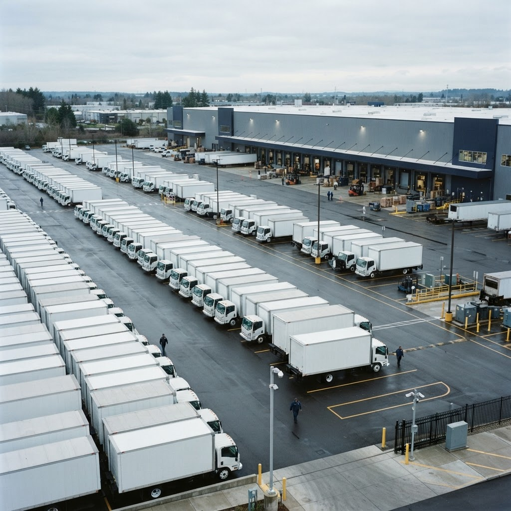 A large enterprise fleet yard with rows of white commercial box trucks