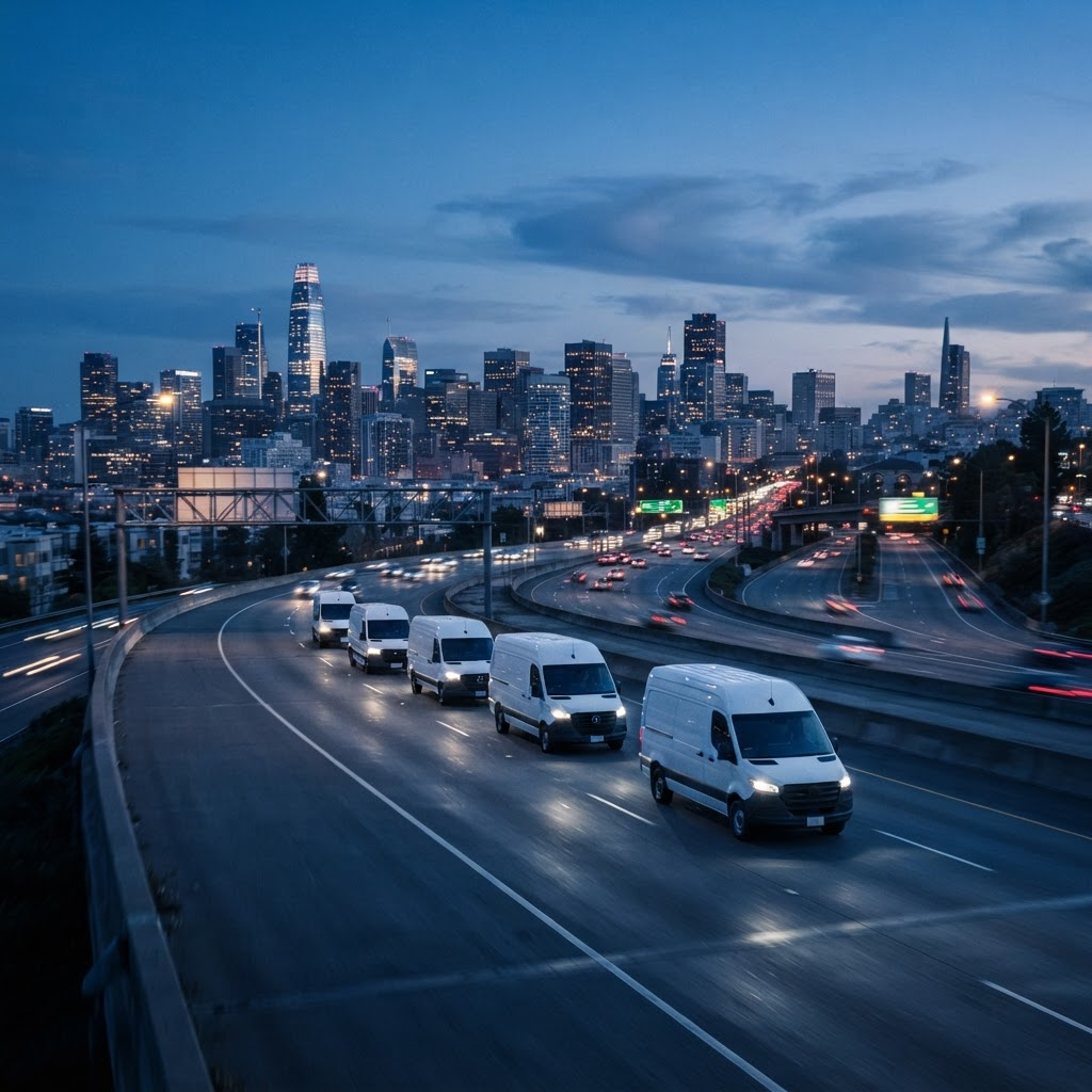Commercial delivery vans on the road heading toward a city at dusk